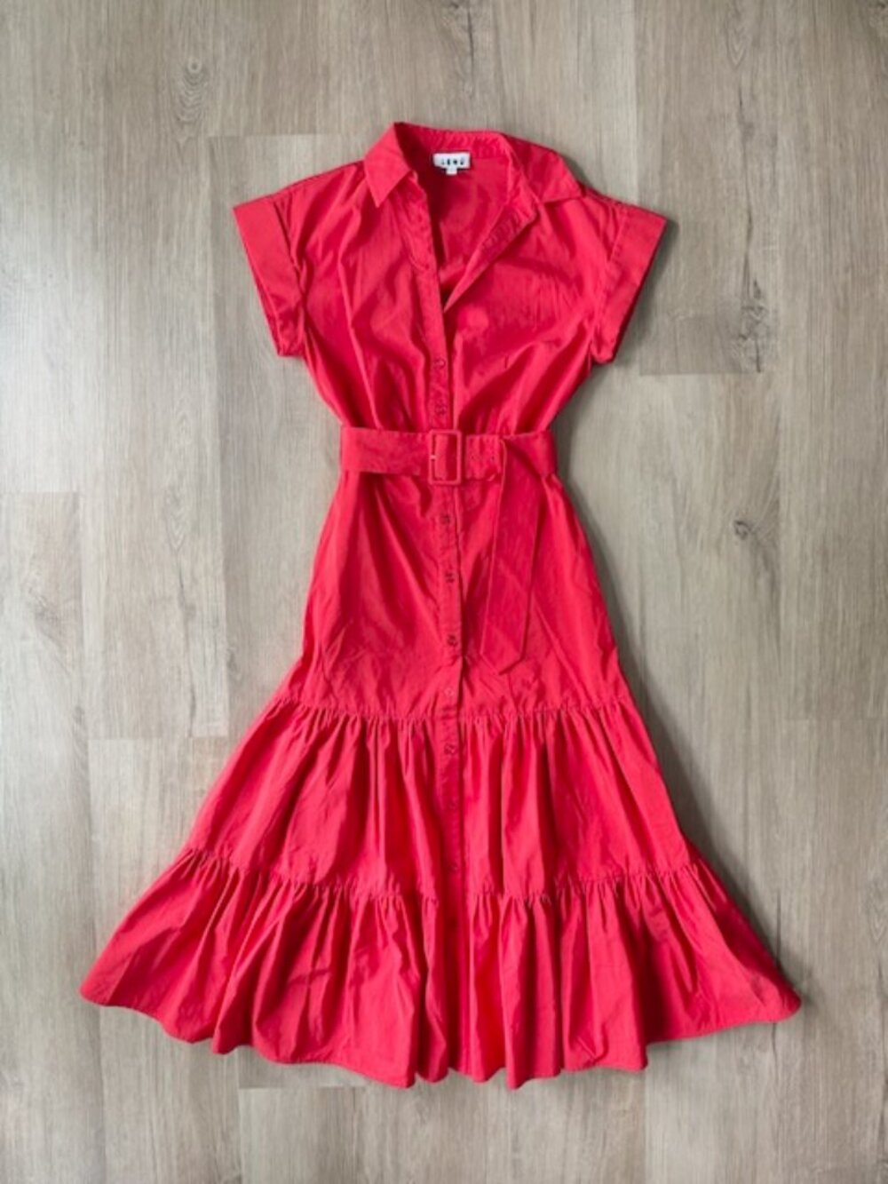 LENU Saint Bernard Label Zoe Red Belted Tiered Midi Shirt Dress XS